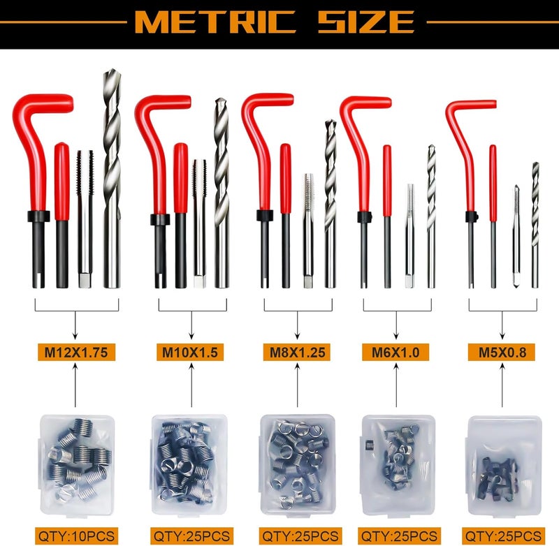 AJulyBee Helicoil Thread Repair Kit, 261 PCS Thread Chaser Kits HSS Drill Helicoil Kit, Rethreading Tool with Thread Gauge| Metric and SAE| 1/4" 5/16" 3/8" 7/16" 1/2" M5 M6 M8 M10 M12 - Image 5